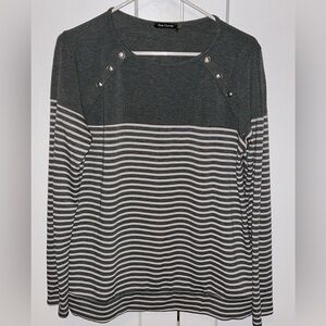 Pink Clover Striped Button Accent Long Sleeve Top - Green & Cream